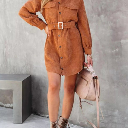 Stylish Button Front Belt Long Sleeve : Corduroy Dress