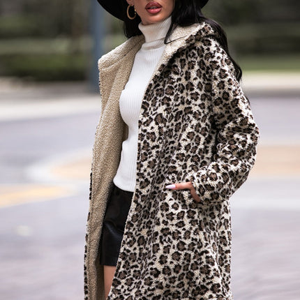 Shiny Leopard Hooded Coat with Pockets