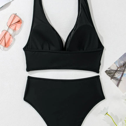 Sheer Mesh Edged Halter V Neck Push Up Bikini Set