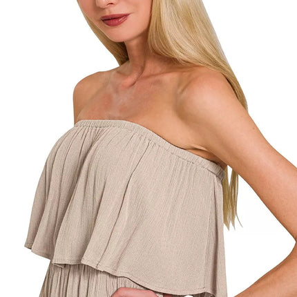 Zenana Woven Crinkle Strapless Maxi Dress