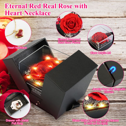 1Pc Preserved Red Real Rose With Heart Necklace Eternal Flowers Rose