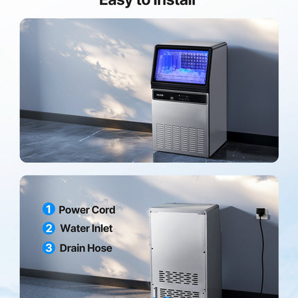 Commercial Ice Maker Machine With Pump, 130Lbs/24H With 33Lbs Storage,