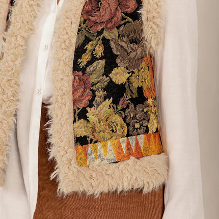 Embroidered Fuzzy Trim Open Front Vest Coat