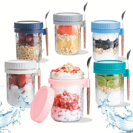 6-Piece Overnight Oats Jars with Spoons & Lids 16oz Glass Mason Jars