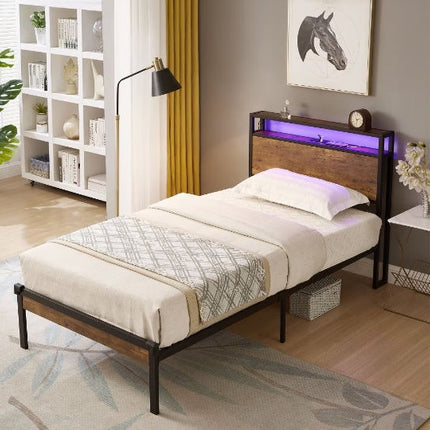 Twin Size Metal Platform Bed Frame With Wooden Headboard And Footboard