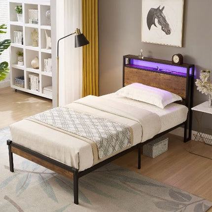 Twin Size Metal Platform Bed Frame With Wooden Headboard And Footboard