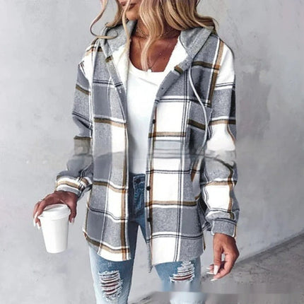 Plaid Hooded Jacket Fashion Casual Button Pocket Coat Autumn And