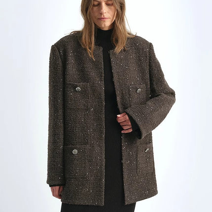 Circle Texture Sequined Wool Tweed Round Neck Long Chanel Style Coat