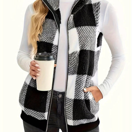 Plus Size Cozy Plaid Fleece Vest Coat