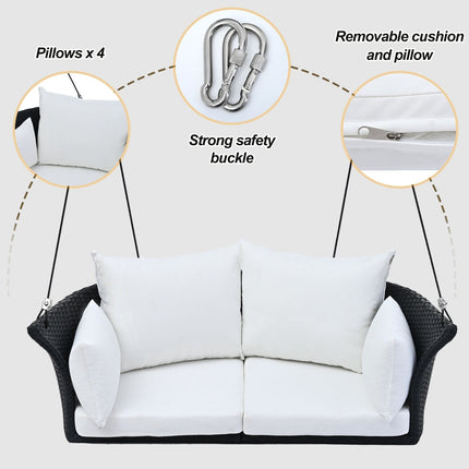 LuneluX_Home – Hanging Rattan Porch Swing for 2 (Black Wicker + White