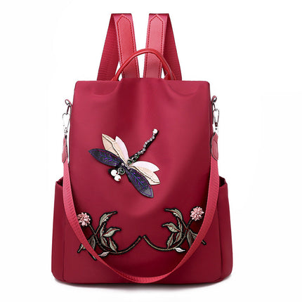 Oxford Cloth Embroidered Dragonfly Pattern Travel Backpack