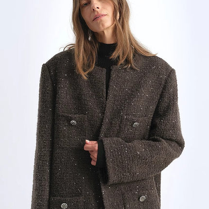 Circle Texture Sequined Wool Tweed Round Neck Long Chanel Style Coat