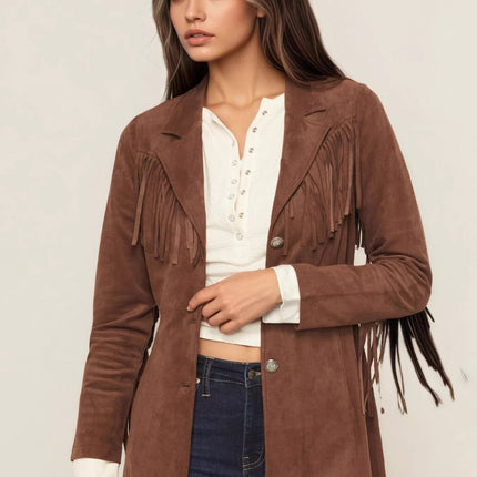 Fringe Lapel Collar Long Sleeve Coat