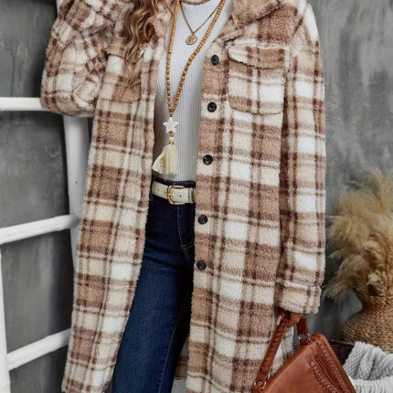 Plaid Fleece Button Up Longline Outerwear
