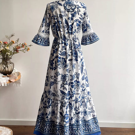 Floral Print V-Neck Flounce Sleeve Dress