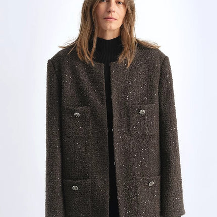 Circle Texture Sequined Wool Tweed Round Neck Long Chanel Style Coat