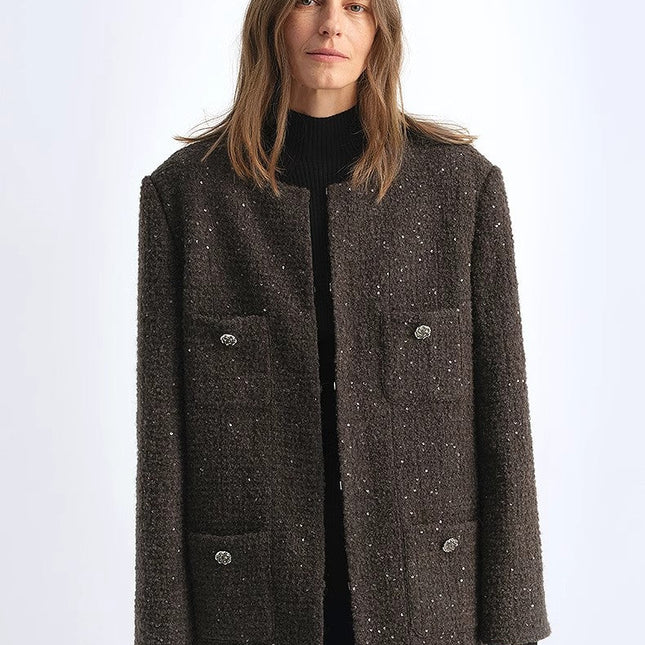 Circle Texture Sequined Wool Tweed Round Neck Long Chanel Style Coat
