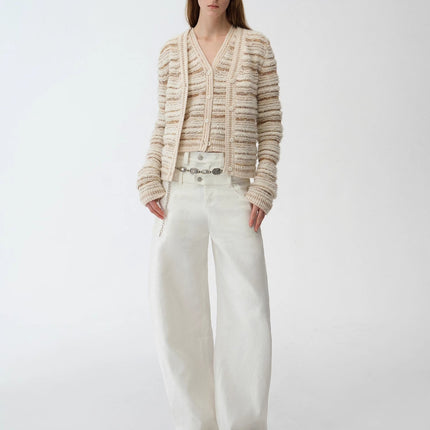 "Nice Weekend" striped mixed woven V-neck early spring layered knitted