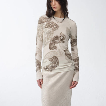 Tencel wool original cashew print round neck slim long sleeve and
