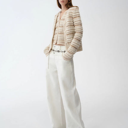 "Nice Weekend" striped mixed woven V-neck early spring layered knitted