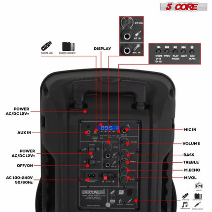 5Core 12 Inch PA Portable Bluetooth Party Speaker Karaoke Boombox + 2