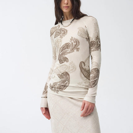 Tencel wool original cashew print round neck slim long sleeve and