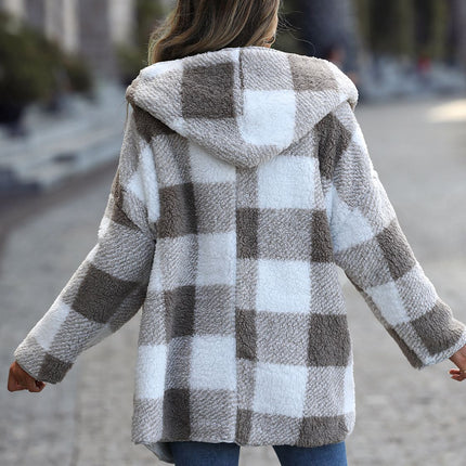Plaid Open Front Hooded Coat