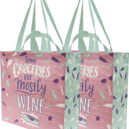 Some Groceries But Mostly Wine Large Market Tote Bag in Pink and Blue