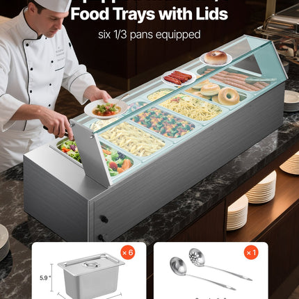 Commercial Food Warmer 6 X 1/3 Size Pans Buffet Bain Marie With Glass