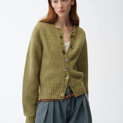"Hokkaido Weaving Love" wool blend crew neck cardigan top