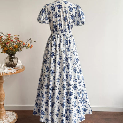 Floral Print V-Neck Puff Sleeve Dress