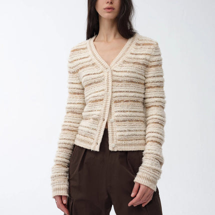 "Nice Weekend" striped mixed woven V-neck early spring layered knitted
