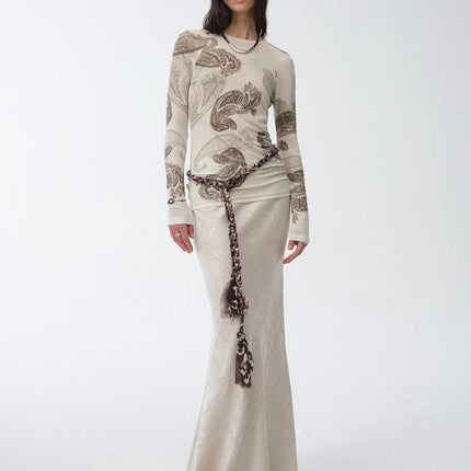 Tencel wool original cashew print round neck slim long sleeve and