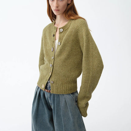 "Hokkaido Weaving Love" wool blend crew neck cardigan top