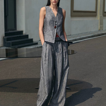 Fireladyfur Women's Linen Suit Set: Draped Vest & High-Waist Straight