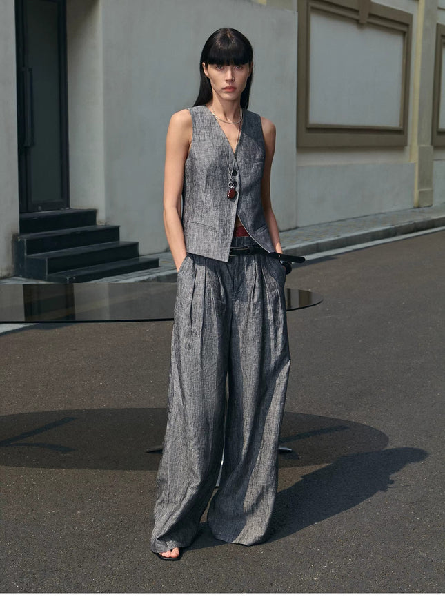 Fireladyfur Women's Linen Suit Set: Draped Vest & High-Waist Straight