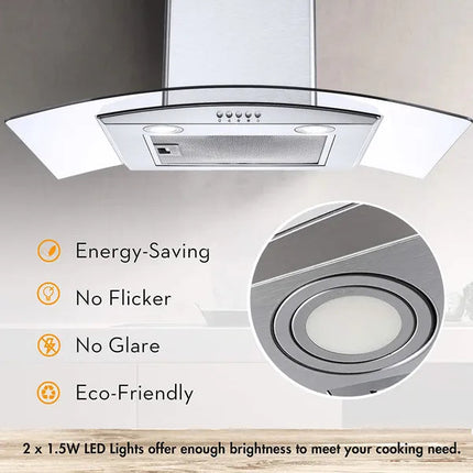 30" Wall Mount Range Hood 450CFM Tempered Glass Vented 3-Speed Fan
