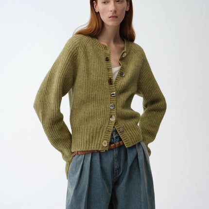 "Hokkaido Weaving Love" wool blend crew neck cardigan top