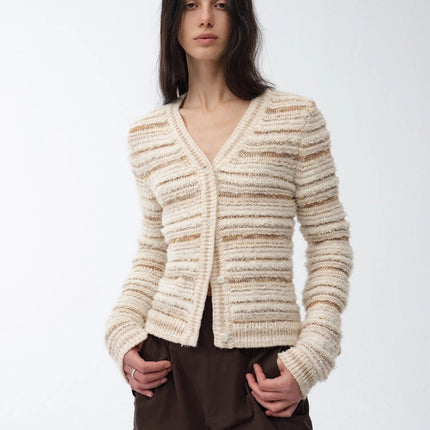"Nice Weekend" striped mixed woven V-neck early spring layered knitted