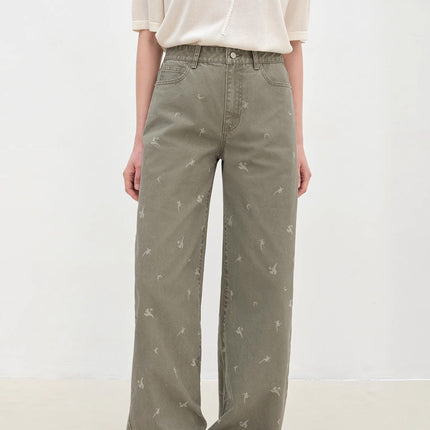 "Carol Pie" loose high-waisted wide-leg calla lily print jeans for