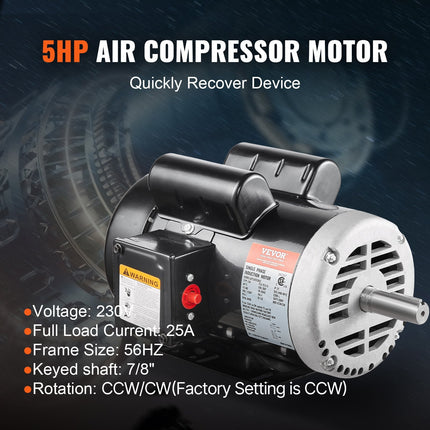 5HP Air Compressor Electric Motor 230V 25A 3450RPM 56Hz Frame CW CCW