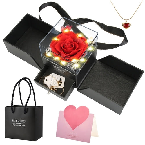 1Pc Preserved Red Real Rose With Heart Necklace Eternal Flowers Rose