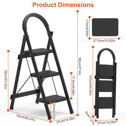 1Pc 3Step Foldable Ladder With Wide Anti-Slip Pedal Safety Locking