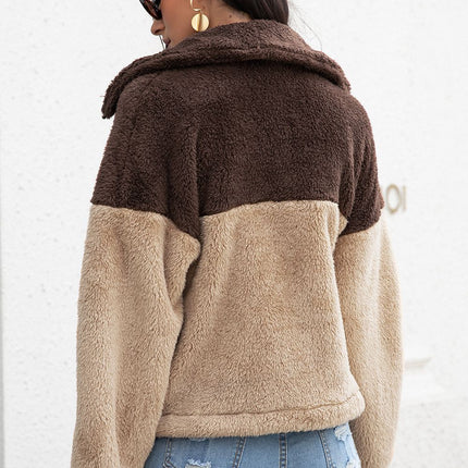 Two-Tone Collared Neck Fuzzy Jacket
