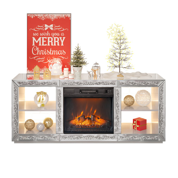 Silver Mirror Modern TV Stand With 18 Inch Fireplace Insert & Storage