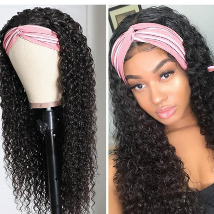 Headband Wig Jerry Curl Human Hair Scarf Wig No GLUE Easy Wear
