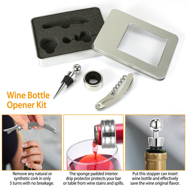 3Pcs Corkscrew Bottle Opener Set Tool Foil Cutter Drip Collar