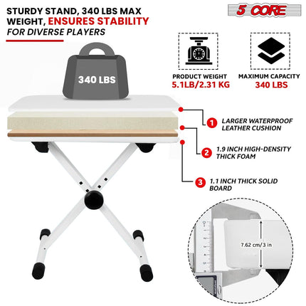 5 Core Keyboard Bench 3" Padded Cushioned Piano Stool Height