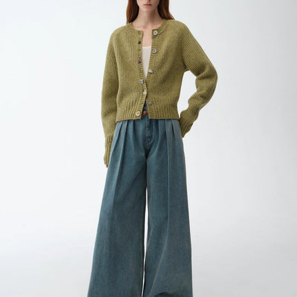 "Hokkaido Weaving Love" wool blend crew neck cardigan top