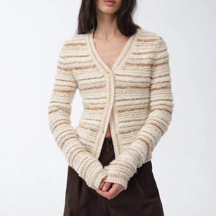 "Nice Weekend" striped mixed woven V-neck early spring layered knitted